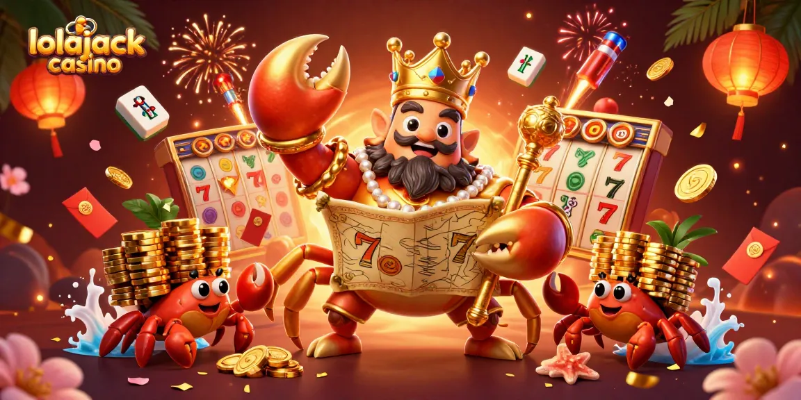 Experience the excitement at lolajack casino with golden crab emperor, vibrant slot reels, and festive decorations.