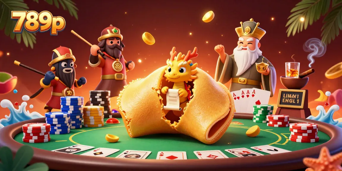 Experience the thrill of 789p casino action with a dynamic illustration featuring a golden fortune cookie, poker elements, and more.