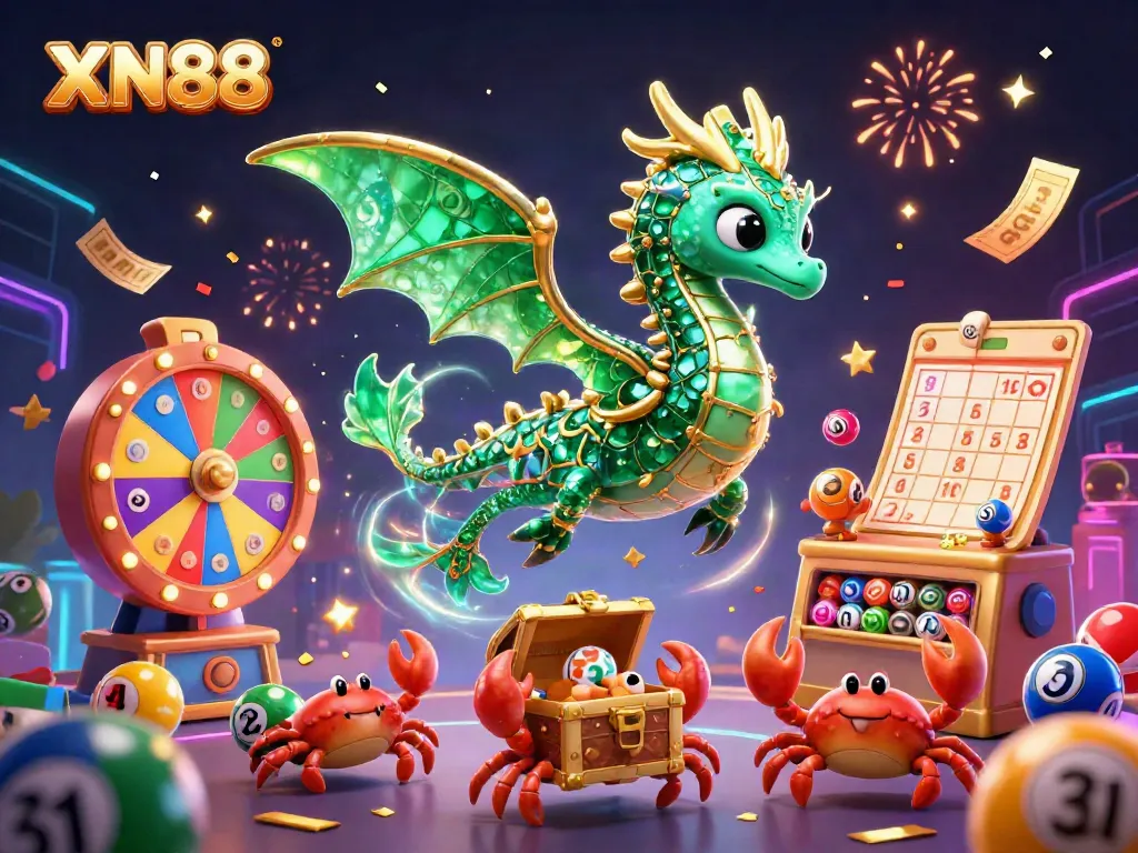Experience the vibrant world of XN88 with a dazzling sea dragon, colorful lottery elements, and casino excitement.