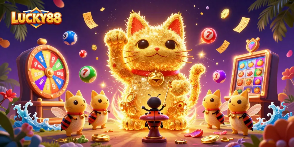 Engage with LUCKY88 slot game featuring a lively illustration of a lucky cat and dynamic casino elements.
