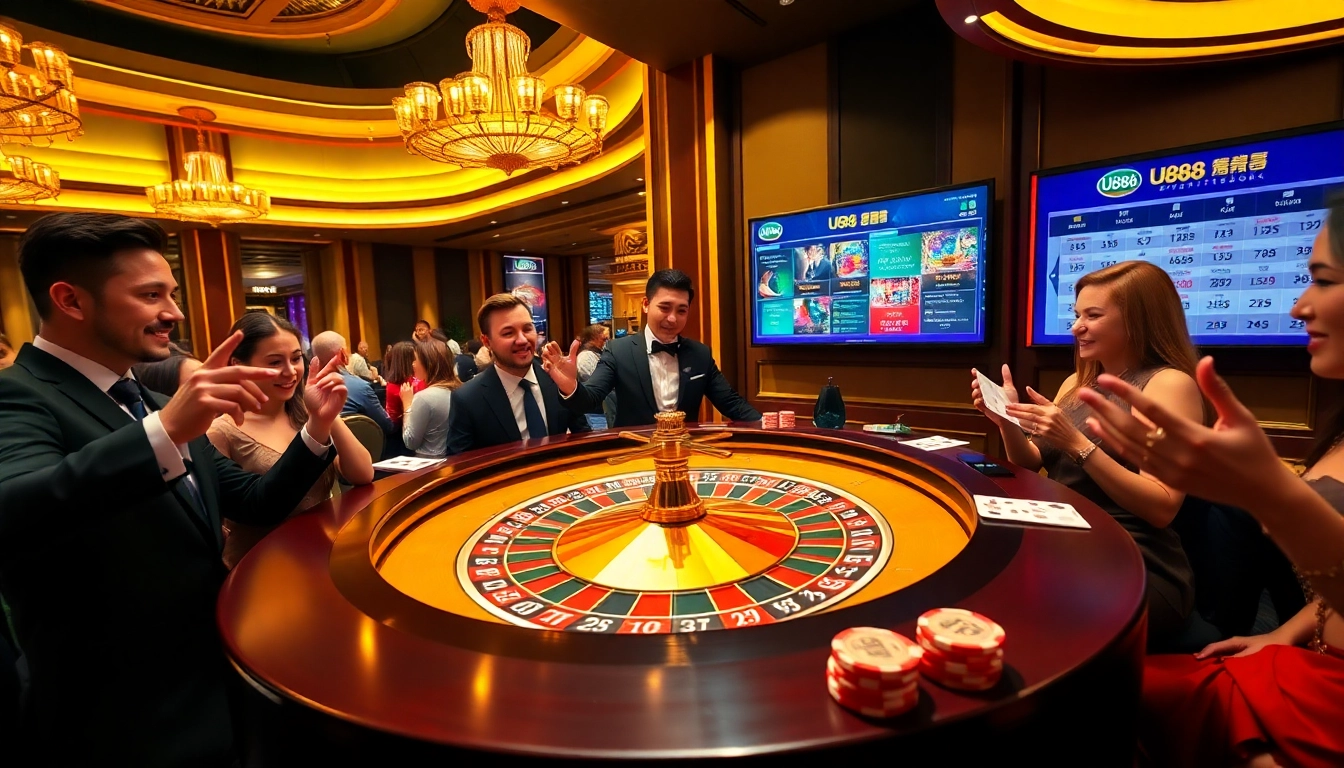 U888 players placing bets at a luxurious roulette table in an elegant casino setting.