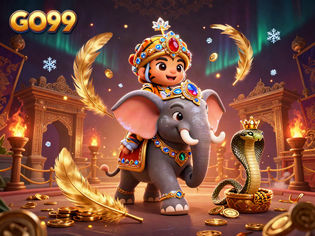 Experience the thrill of GO99 gaming with a majestic maharaja riding an elephant among vibrant casino elements.