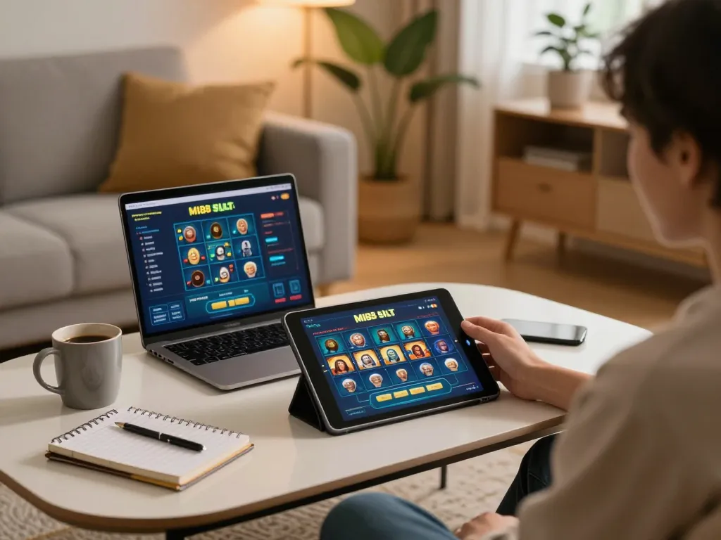 Engaging in MI88 SLOT gameplay on a tablet in a cozy home setting, showcasing a relaxed atmosphere and strategic focus