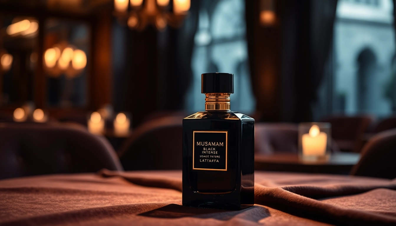 De Musamam Black Intense by Lattafa, een luxe parfum op een elegante tafel met fluwelen doek.