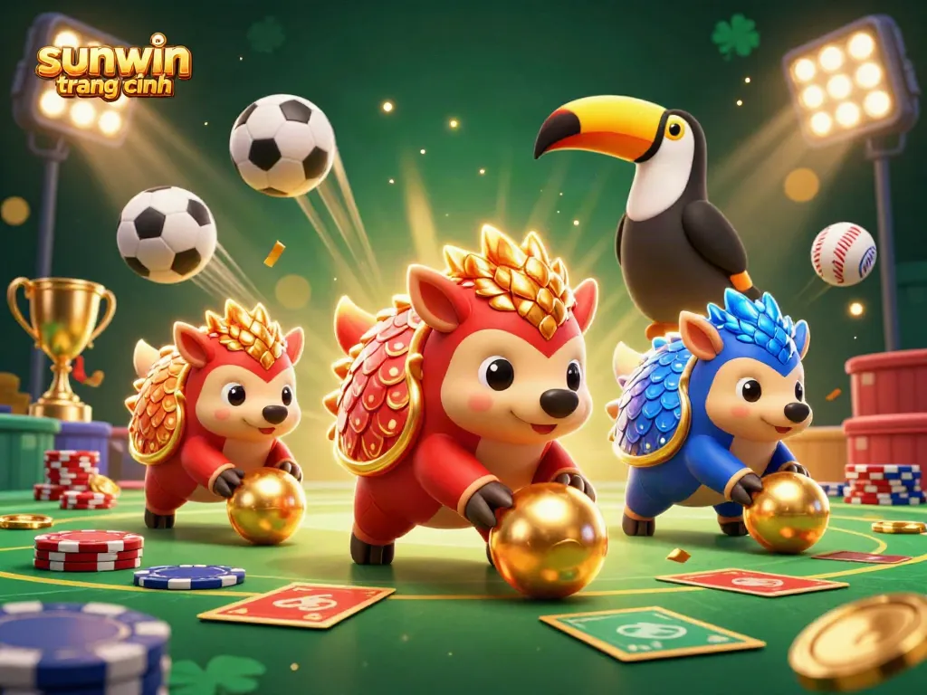 Dynamic scene with rival pangolins in sunwin trang chính, showcasing vibrant casino elements and a competitive atmosphere.