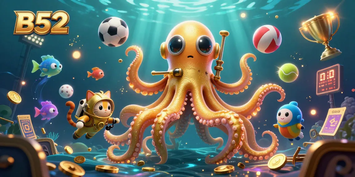 B52 offers a thrilling underwater experience with a kraken and diving cat surrounded by vibrant sports gambling elements.
