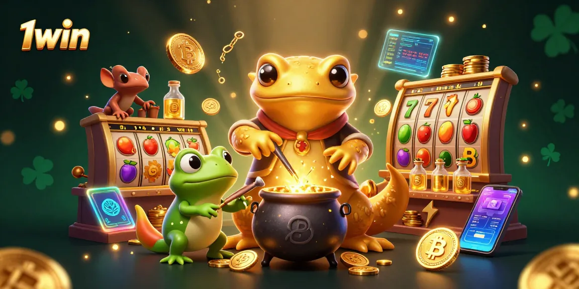 Experience the enchanting 1win casino scene with golden alchemy and vibrant slot games.
