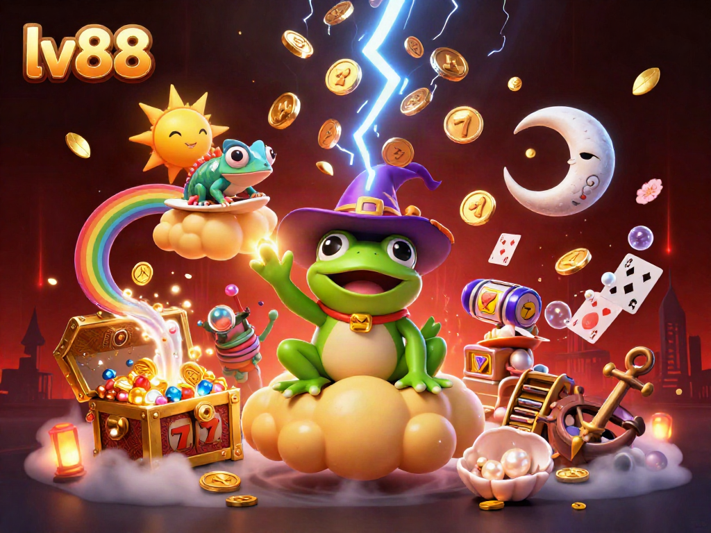 Win big at lv88 with 3D wizard frog and chameleon amidst golden clouds and slot elements.