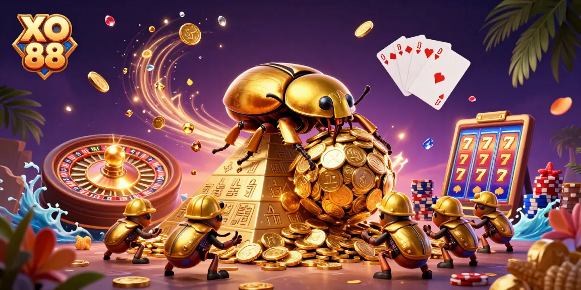 Engage with the exciting world of XO 88 as golden coins and casino elements surround animated characters.