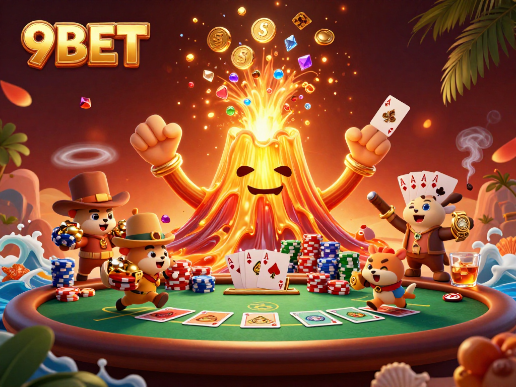 Experience the thrill of big wins with 9BET's vibrant casino adventure featuring a golden volcano.