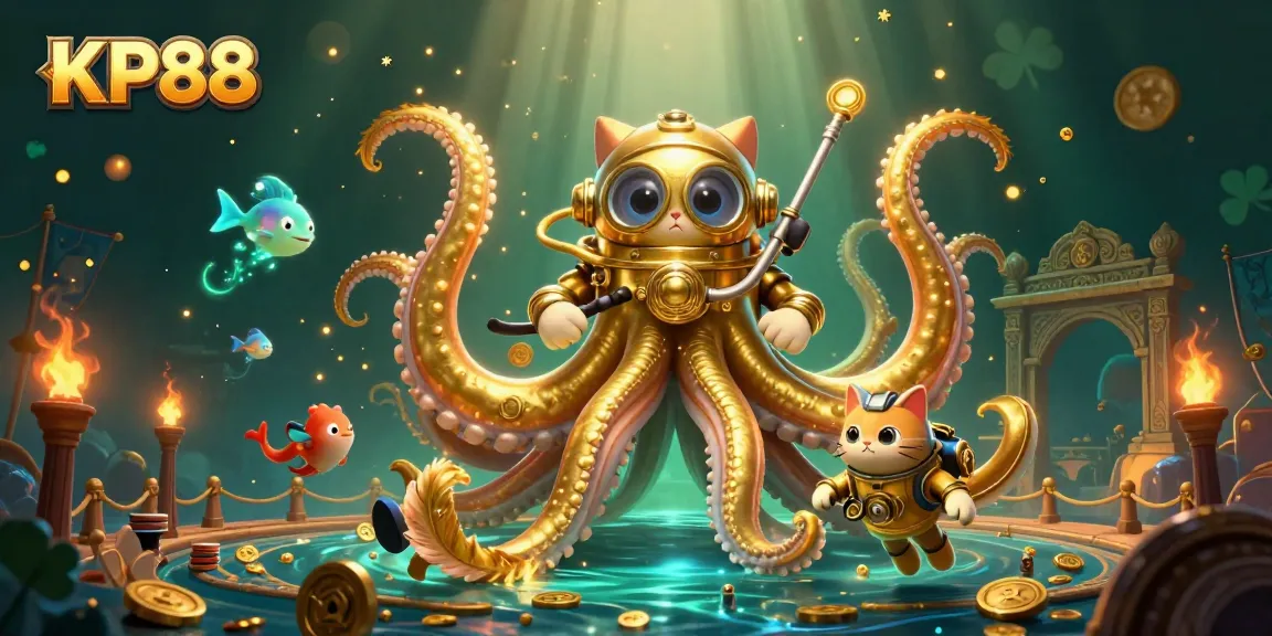 Experience winning excitement at KP88 with a colossal kraken and diving cat amidst a casino treasure scene.