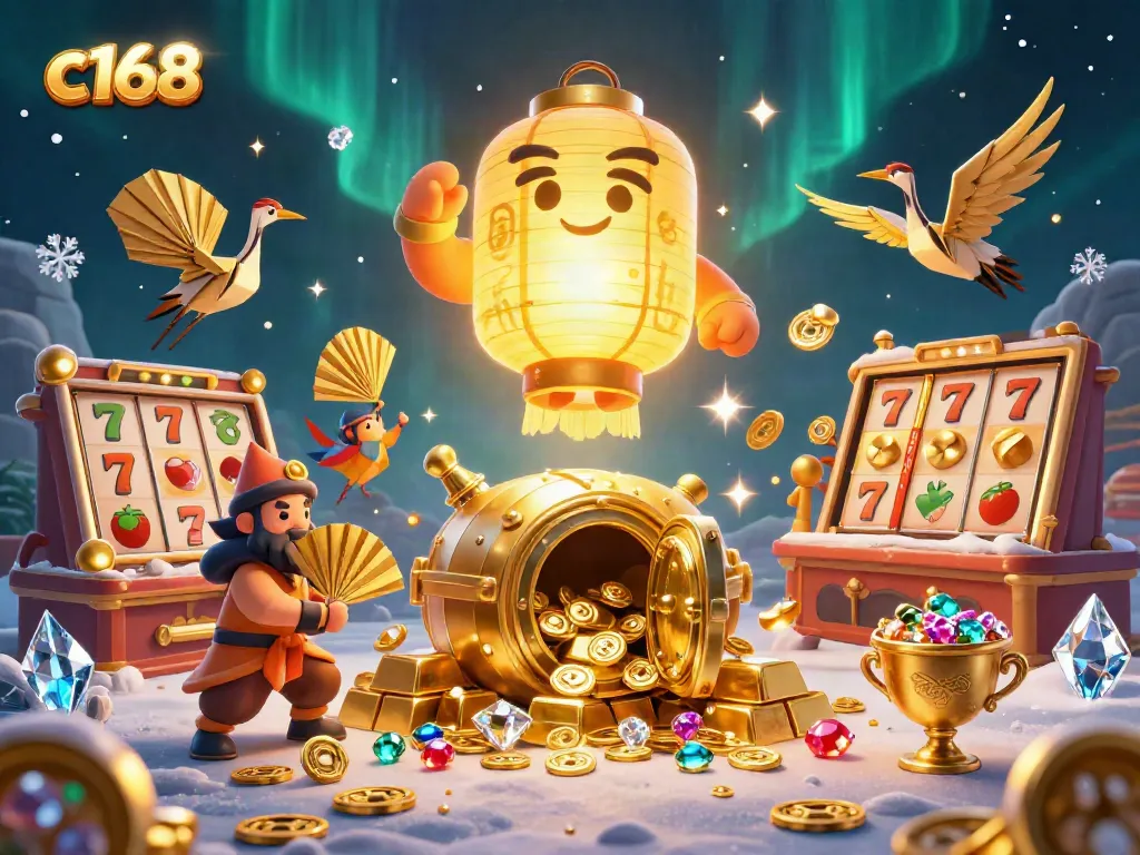 Experience exciting wins at c168 with a vibrant 3D golden lantern casino illustration filled with treasures and games.