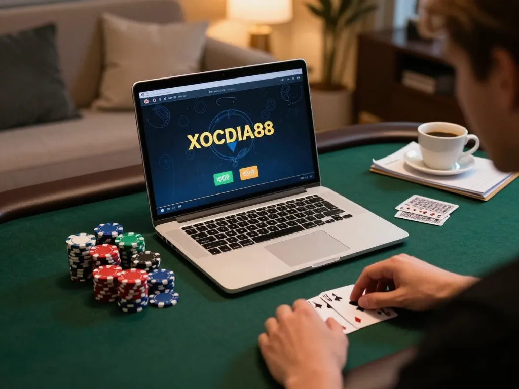 Engaged player at XOCDIA88's online poker game strategizing with chips and notes
