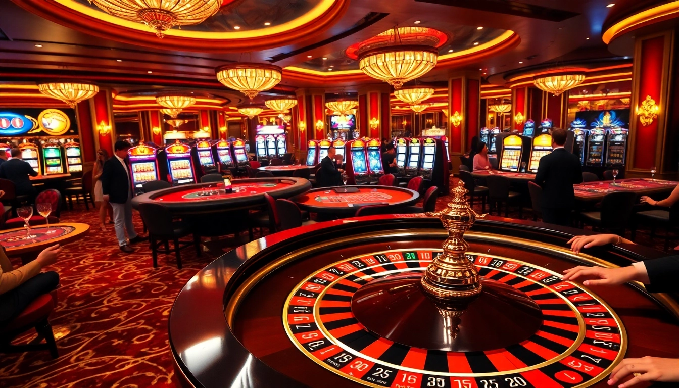 Experience the thrill of gambling at https://du88.ad/ with vibrant slot machines and a bustling roulette table.