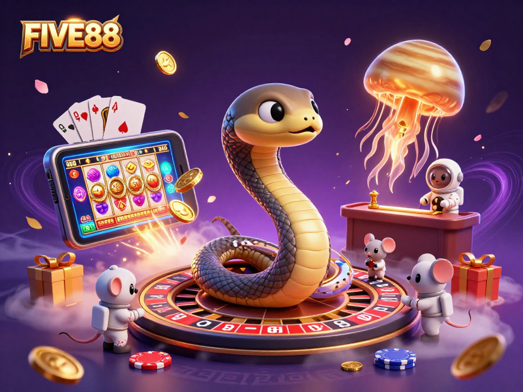 Place bets with FIVE88 in a vibrant online casino illustration of cosmic characters and slots.
