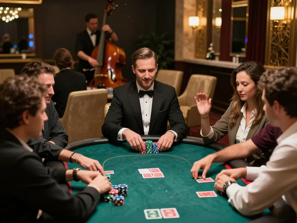 32win players enjoying an exclusive poker game in a luxury VIP area, celebrating winning hands with chips and cards