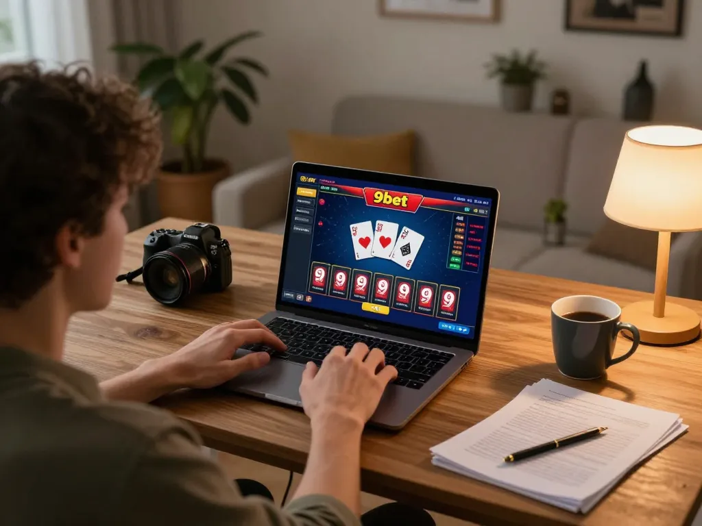 Player using 9bet for online casino gaming with strategies and notes in cozy home setup