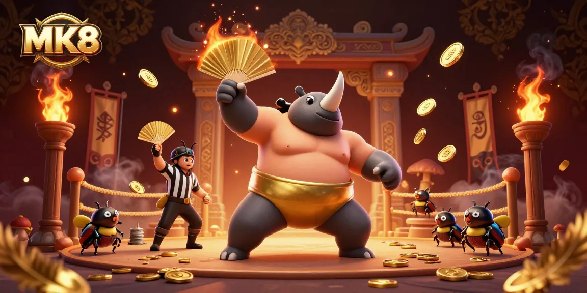 Experience MK8's thrilling gaming journey with the sumo champion beetle amidst golden coins.