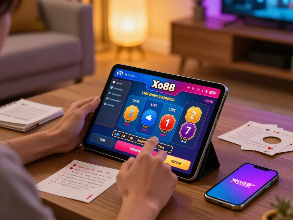 Xo88 uy tín online gambling setup, person engaged in live dealer games with tablet in cozy home environment.