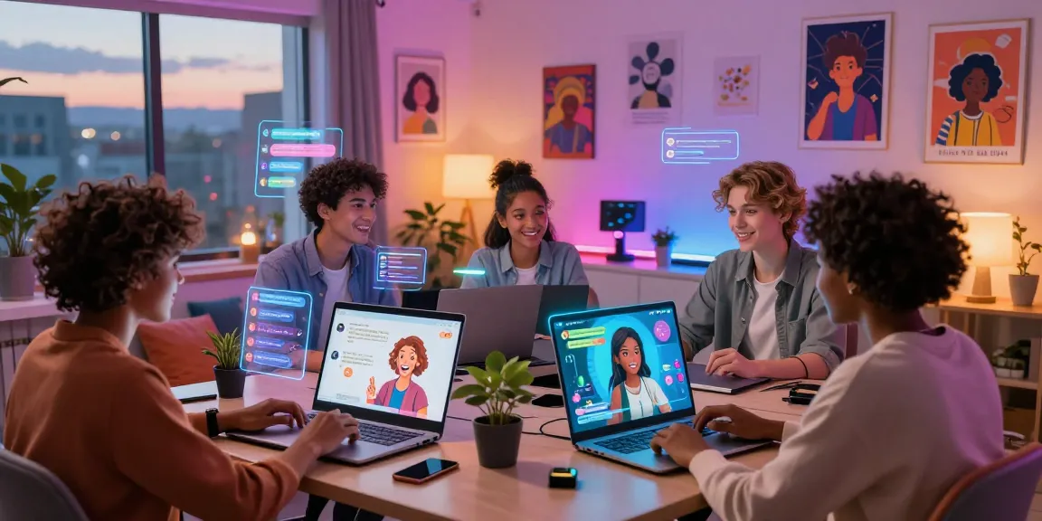 Diverse individuals engaging with NSFW character AI chat companions, highlighting personalized roleplay experiences in a tech-friendly home setting.
