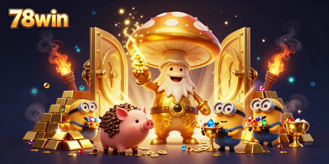 Experience the magic of winning with 78win as giant treasures burst into view in a captivating casino scene.
