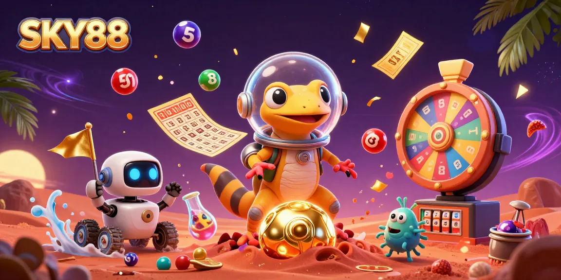 Join the fun at SKY88 and discover virtual casino treasures with a lively Martian gecko!