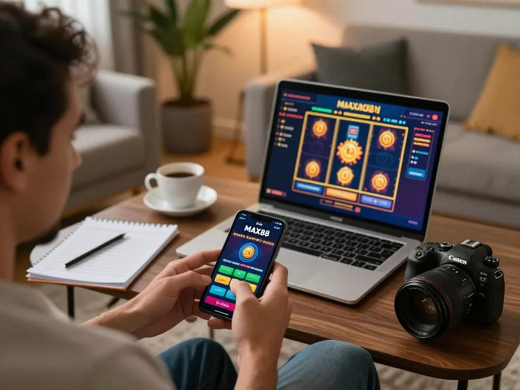 Engaging with the MAX88 casino app during a strategic gameplay session in a modern living room.