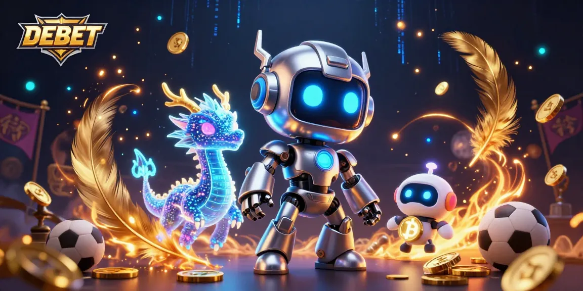 Engage in exhilarating sports betting with DEBET's dynamic scene featuring a robot mascot, holographic dragon, and vibrant elements.
