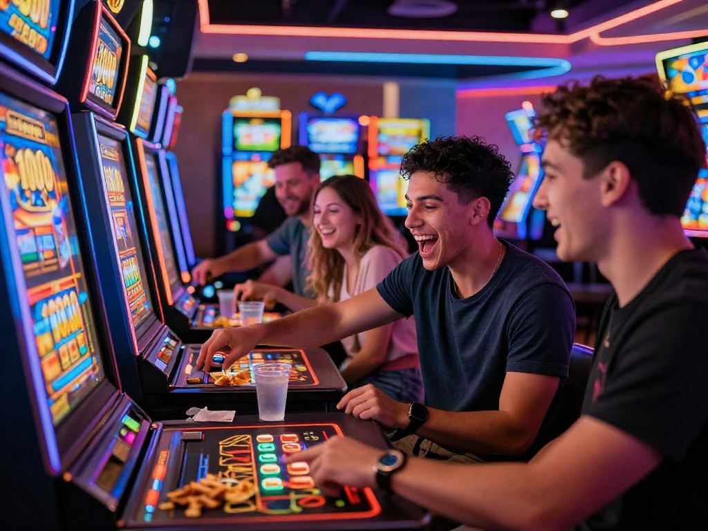 Teman merayakan kemenangan di meja judi dengan slot deposit 1000 dan kegembiraan.