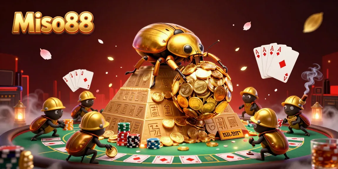 Miso88 players enjoy thrilling casino action as golden dung beetles roll coins amidst vibrant gambling elements.
