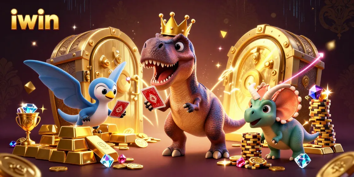 iwin casino scene with T-Rex shuffling cards, vibrant gems, and golden stacks