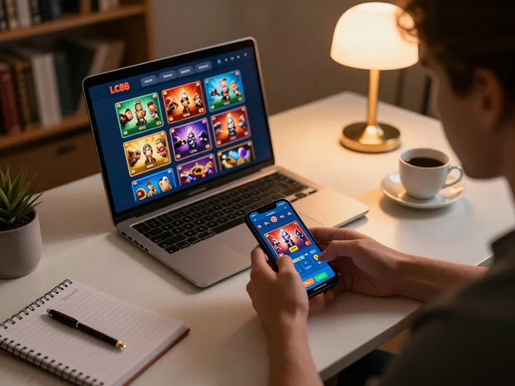 Player enjoying mobile gaming on LC88 app with cozy atmosphere and warm lighting