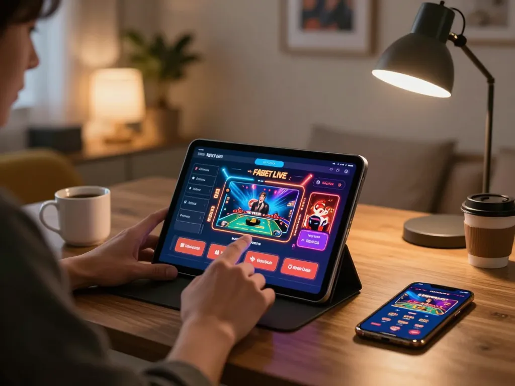 Engaging with FABET LIVE app on tablet in a cozy home gaming setup with warm lighting.