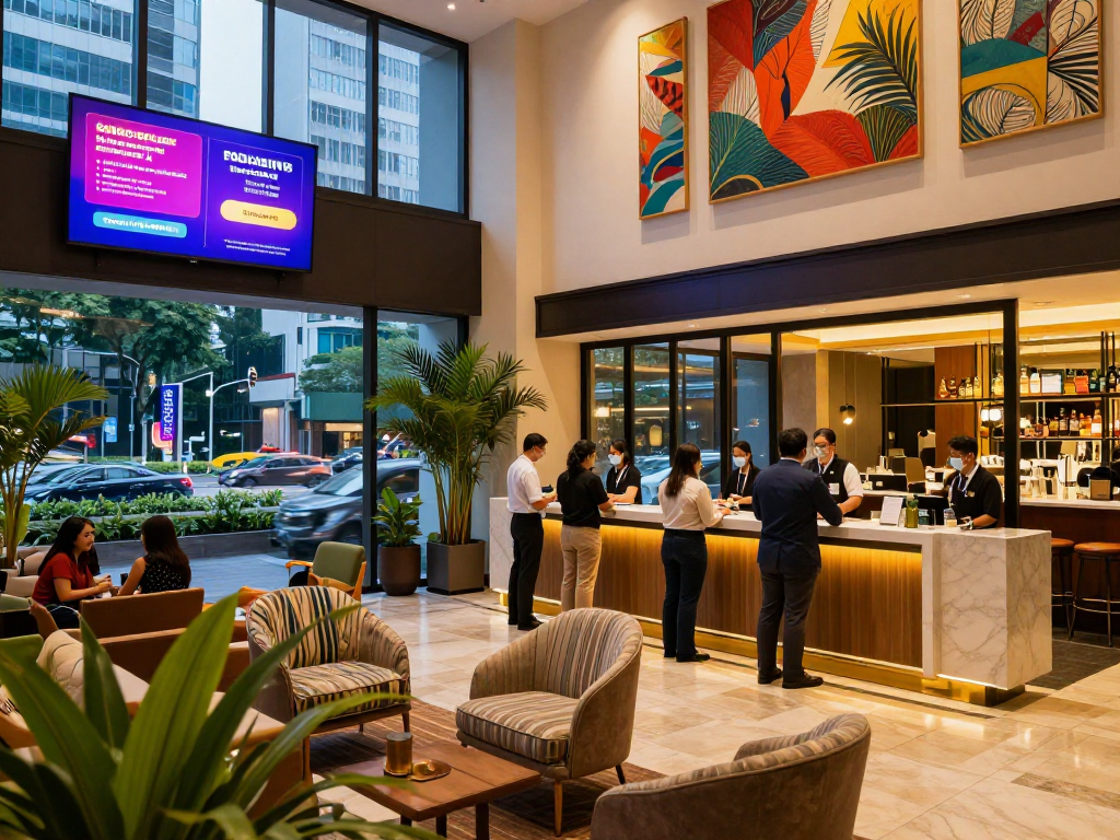 Relaxed hotel lobby at rokok88 with welcoming atmosphere and promotional offers.