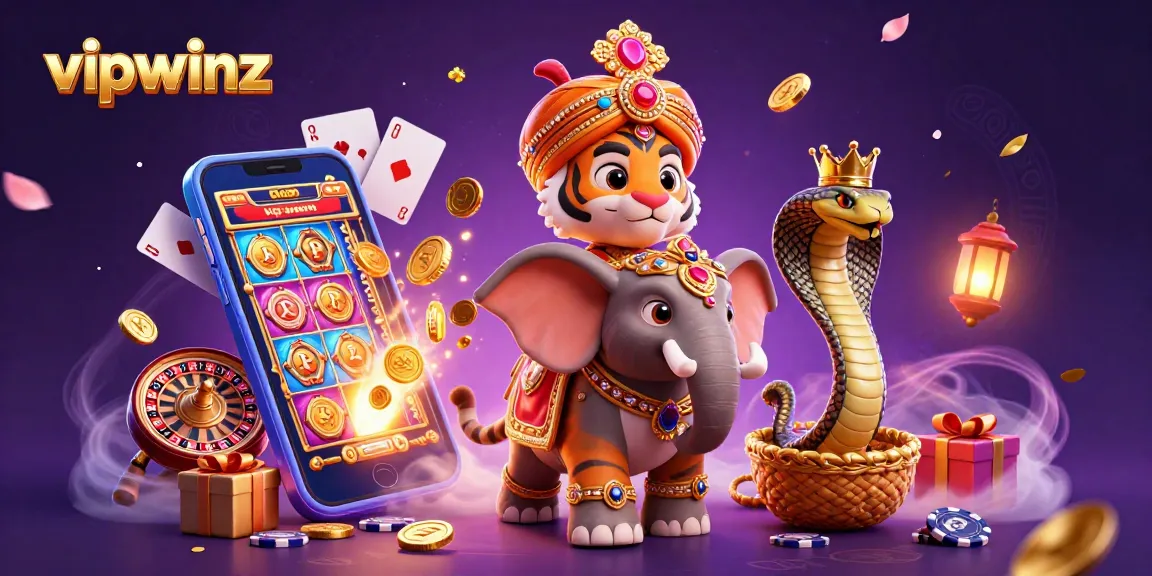 Engage with thrilling games at vipwinz, featuring a vibrant casino scene with a colorful slot game and lively characters.