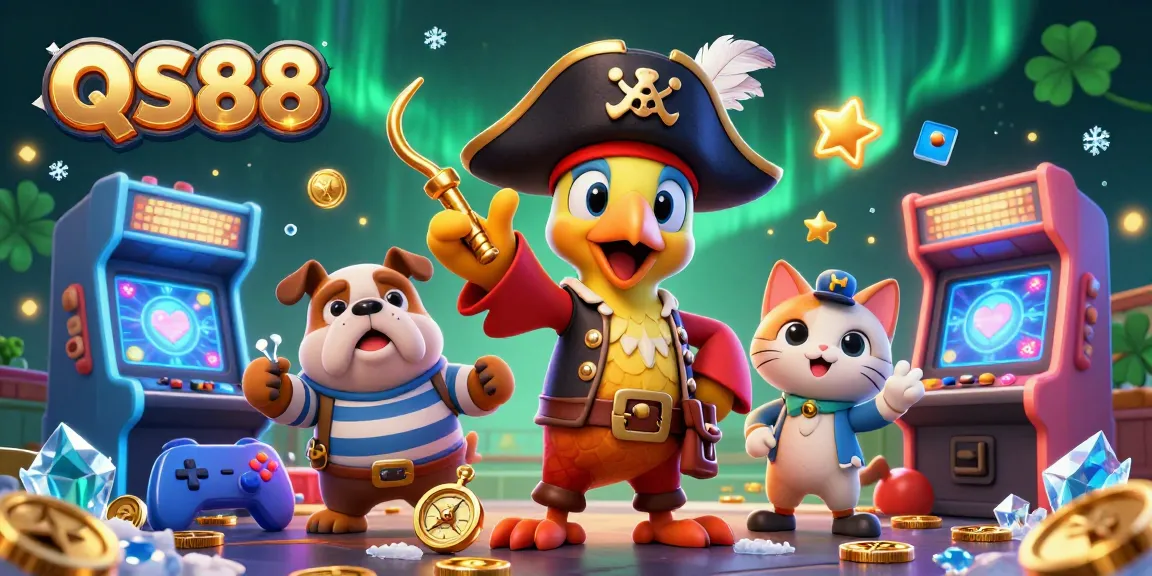 Engage in thrilling wins at QS88 with vibrant gaming machines and whimsical pirate characters.