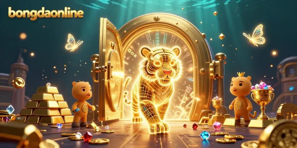Engage in the thrilling online gaming experience at bongdaonline with vibrant golden treasures bursting in a digital casino.