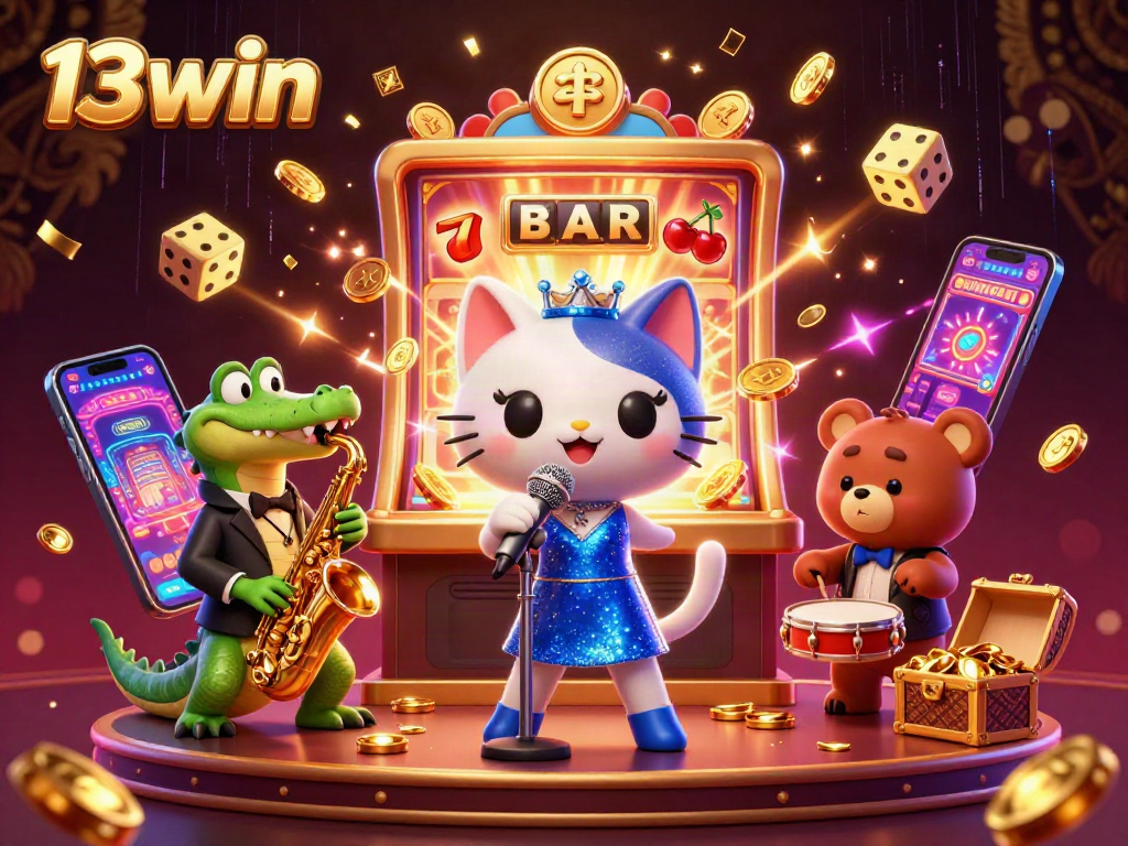 Experience the vibrant world of 13win with a cartoon trio celebrating a jackpot in a lively casino setting.