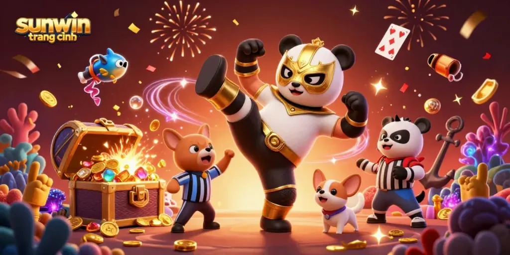Engage with exciting game features like "sunwin trang chính" through vibrant 3D characters in a lively casino setting.