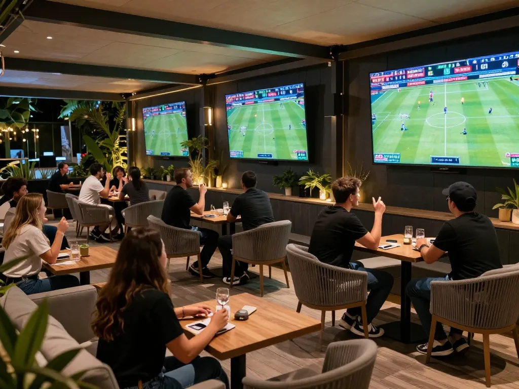 Engaged players at vnloto88 com celebrating wins during sports betting in a vibrant lounge