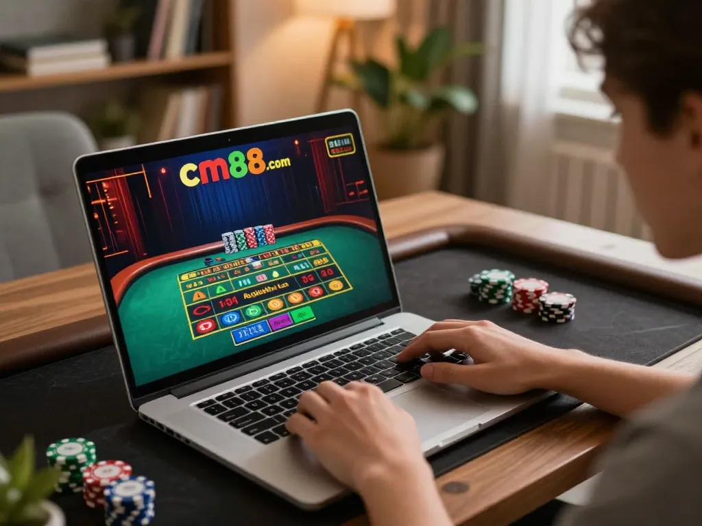 Engaged player enjoying live roulette on cm88.com with betting chips and cozy setup.