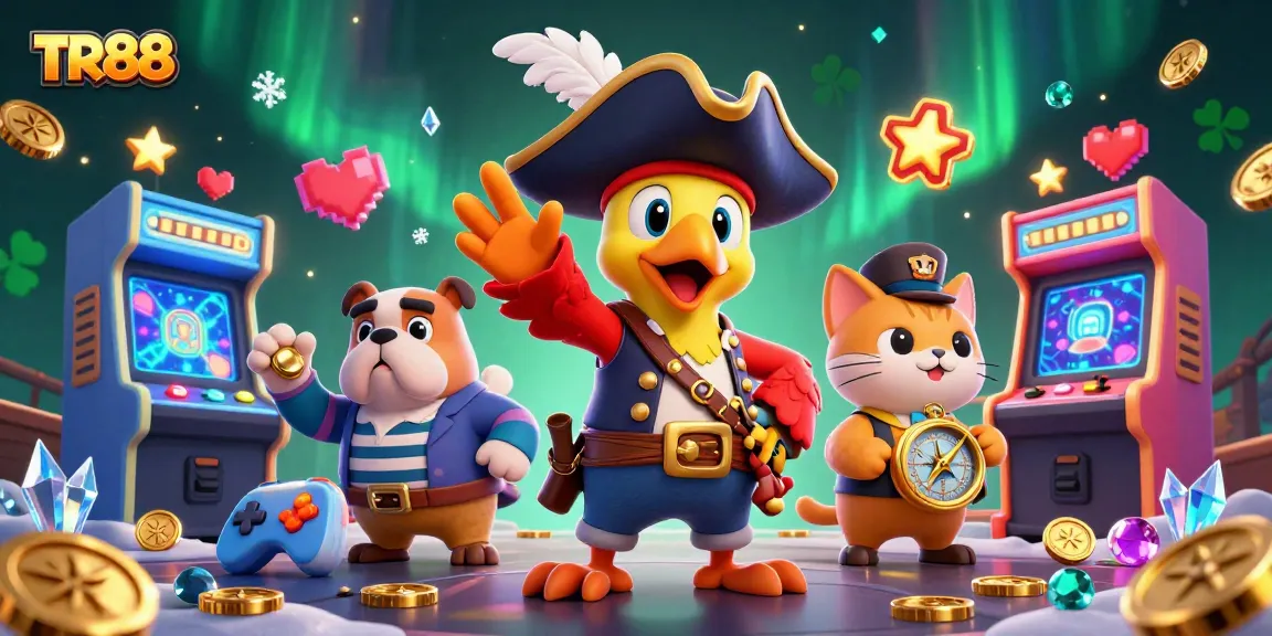 Experience TR88 thrills with a pirate captain, bulldog, and navigator amid vibrant gaming elements.