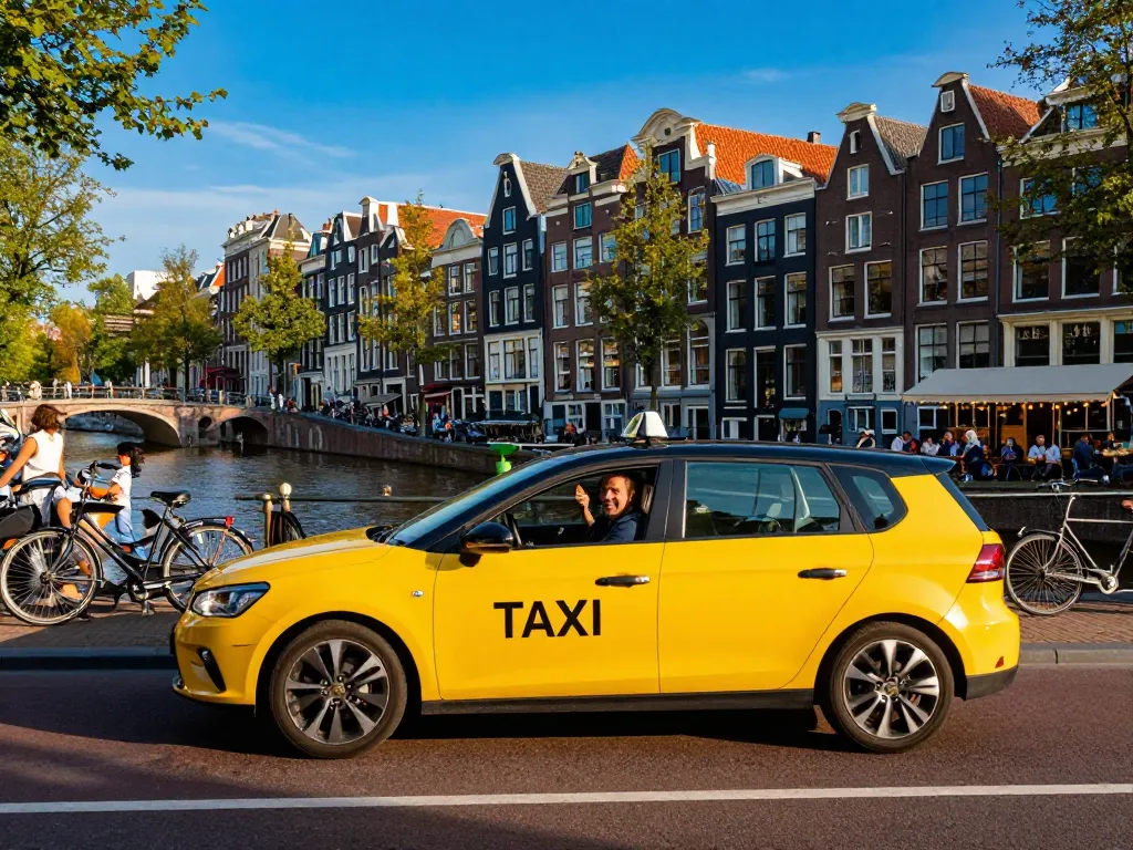 Taxi Amsterdam-service met vrolijke chauffeur en passagiers in iconische stedelijke omgeving.