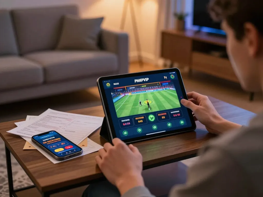 Engaging home gaming scene with PHPVIP app in action, showcasing responsible online gambling.