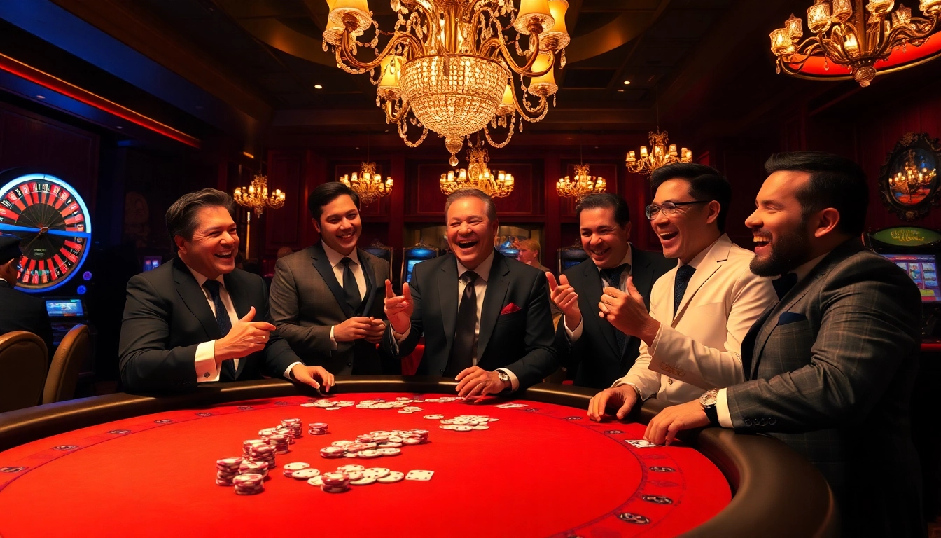 Men enjoying a thrilling poker game at a man club casino table, showcasing excitement and luxury.