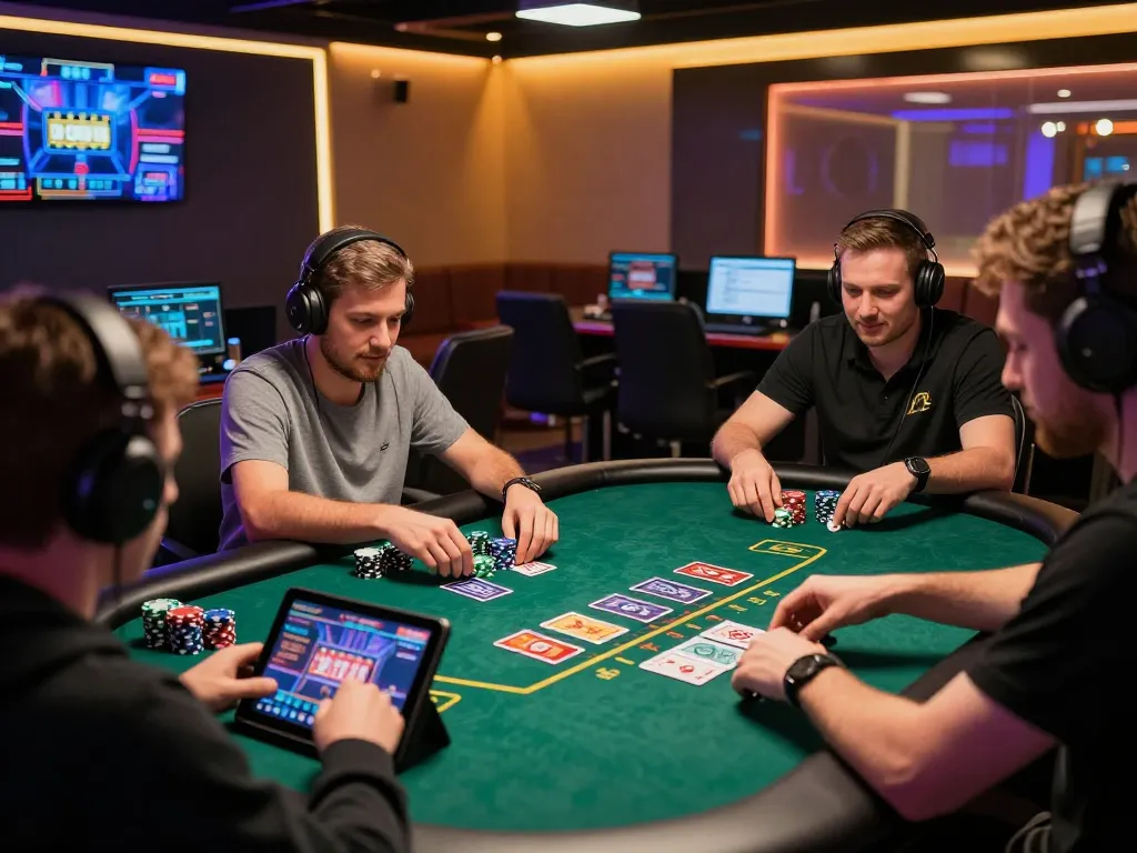 Miso88 online casino scene with players engaged in live dealer poker gameplay, showcasing excitement and strategic moments.