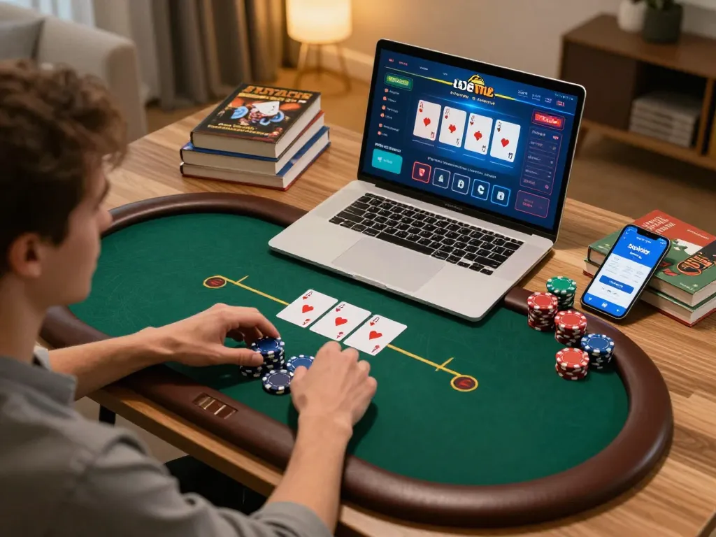 Engaging in poker with Sunwin app while managing strategy notes in a cozy home office