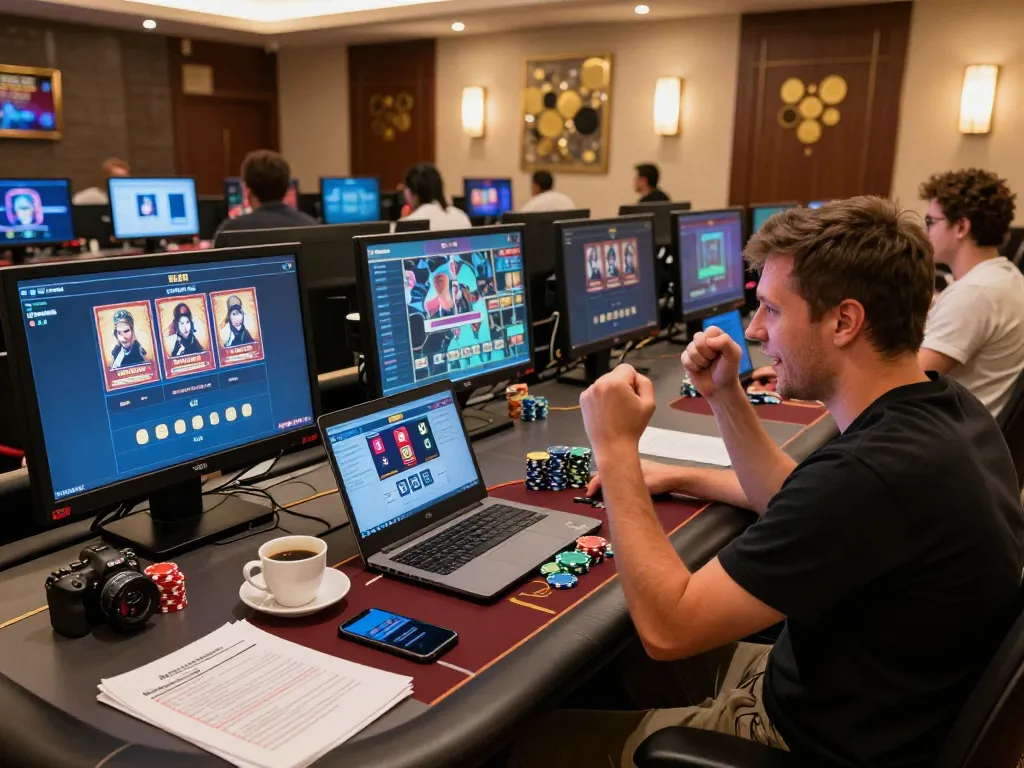 Các người chơi LUCK8 tận hưởng trải nghiệm casino ảo với poker và máy slot hiển thị trên màn hình.