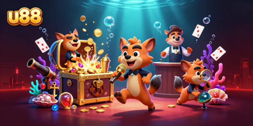 Engaging u88 casino scene featuring hyena characters delivering laughs, cocktails, and bouncer security.