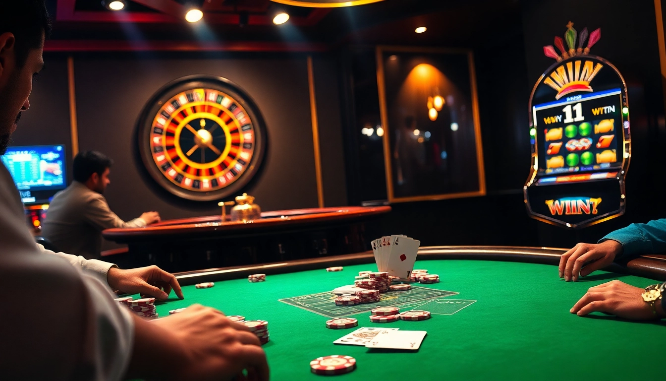 Experience the excitement of 11 WIN at a luxurious poker table, featuring vibrant chips and a roulette wheel.